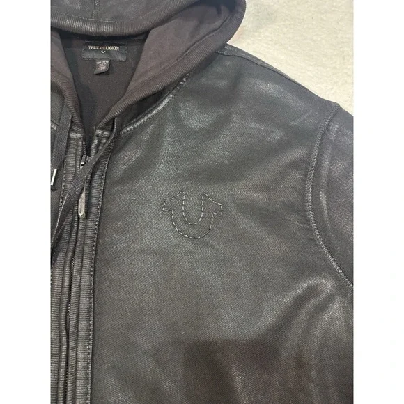 True Religion Men's Size Jet Black Coated Moto Hoodie Jacket Size 3XL - Picture 4 of 12